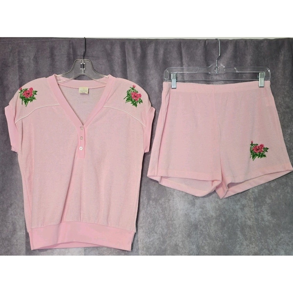 VTG 80s Montgomery Ward Pink Terry Cloth Shorts Set Floral Top L